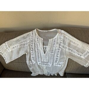 Daniel Rainn Blouse Boho Crochet Embroidered Hippie‎ Ivory Sheer Women's Small
